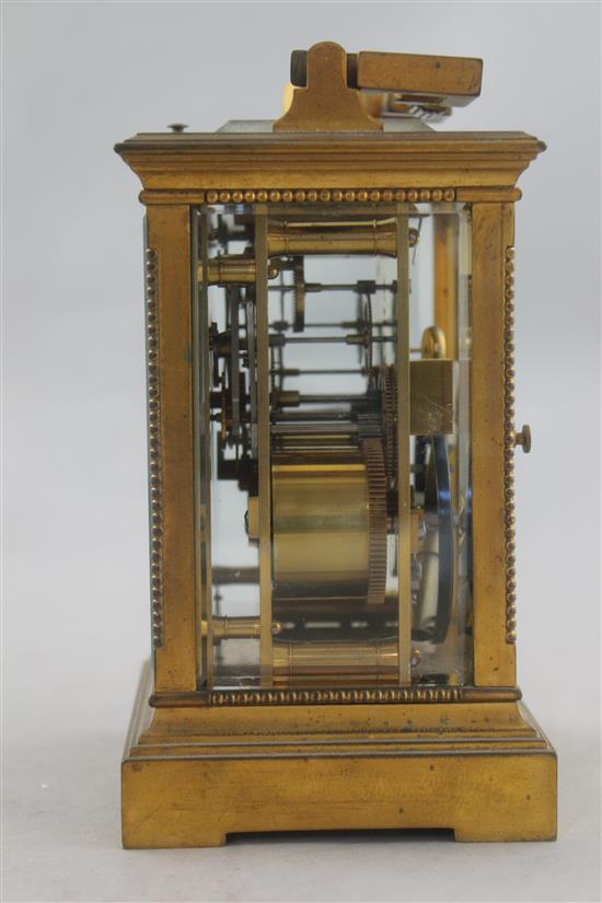 An early 20th century French gilt brass hour repeating carriage clock, 6.5in.